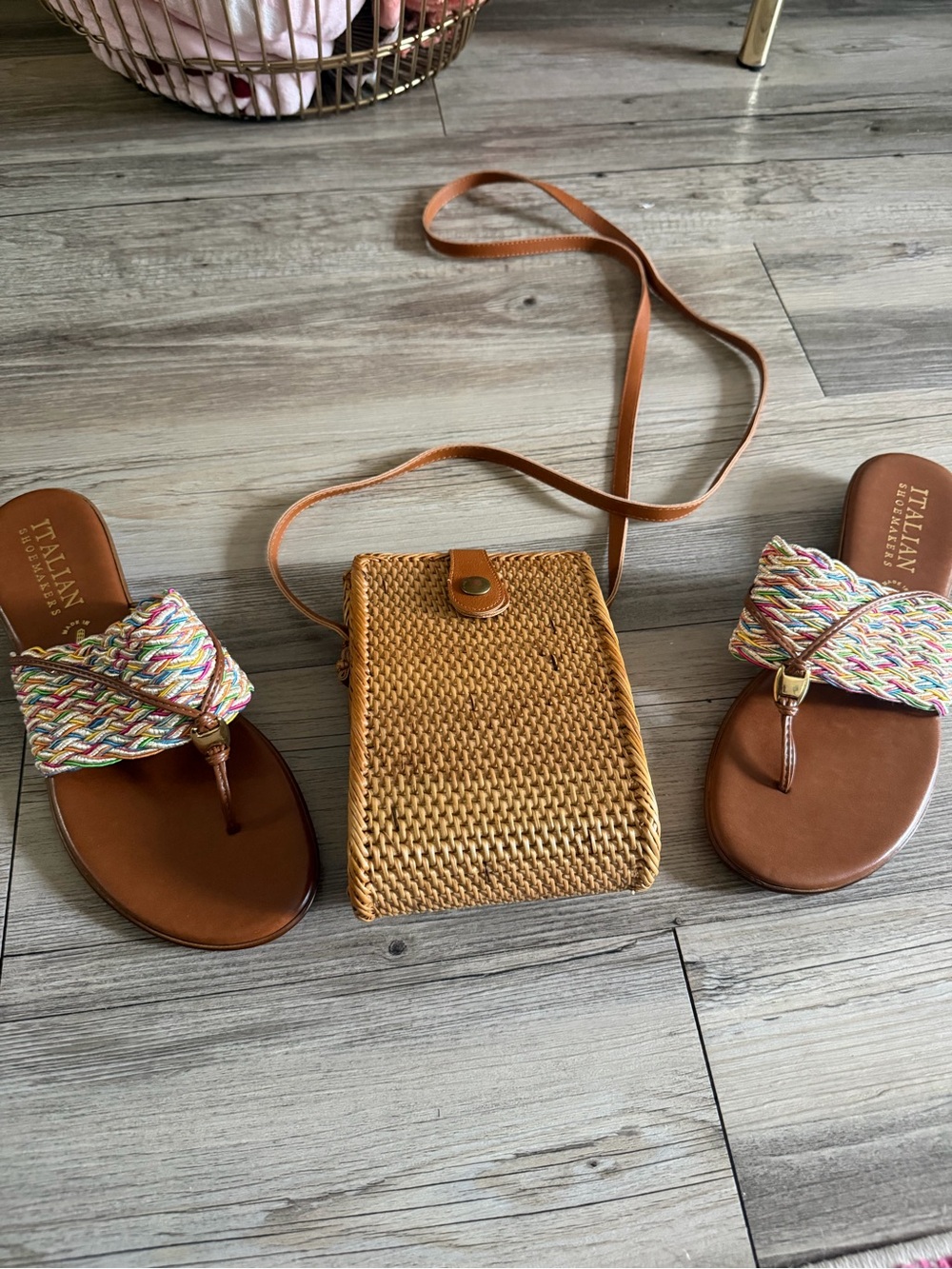 Tan/brown colorful Woven sandals with Straw Crossbody Bag with Tan Leather Strap